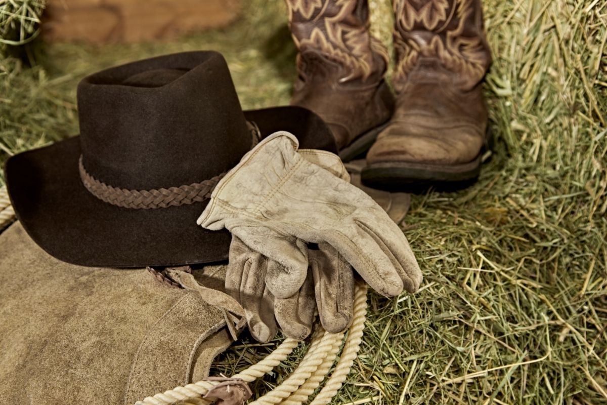 Cowboy Hat, Gloves, Boots and Rope