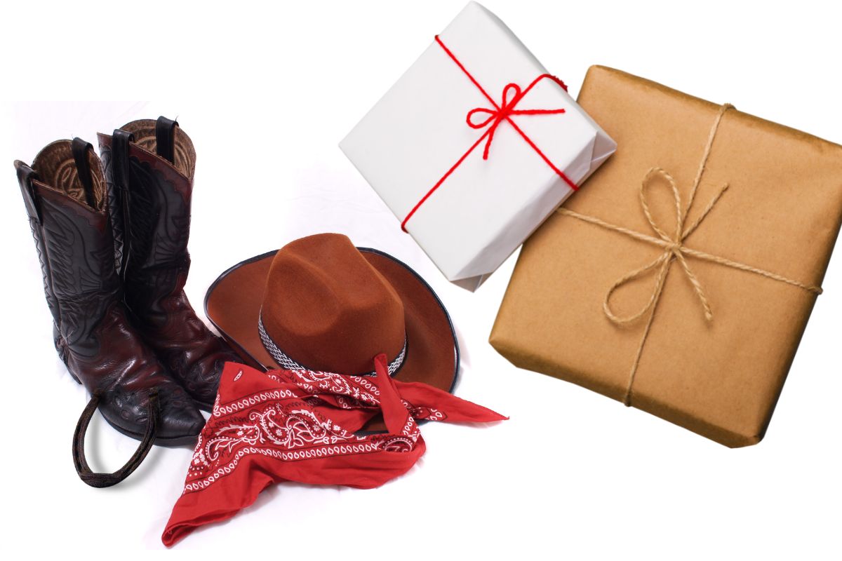 wrapped gift, boots and hat