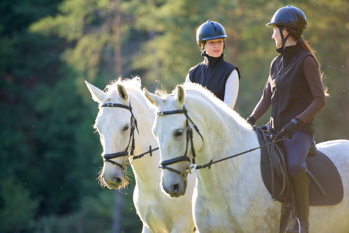 Two female horse riders with helmets