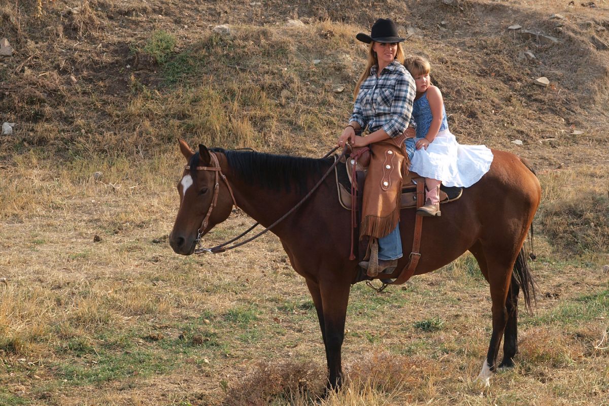 Mom and daughter riding horse